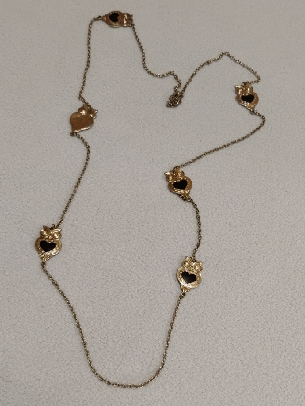 Gold-Tone Long Necklace with Black Owl-Heart Accents